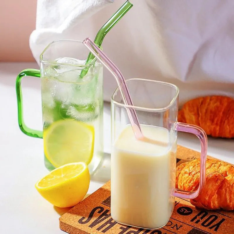 PANMAH - Square Glass Cup with Lid and Straw, Breakfast Milk Cup
