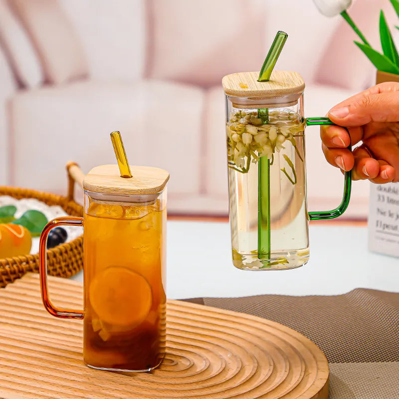 PANMAH - Square Glass Cup with Lid and Straw, Breakfast Milk Cup