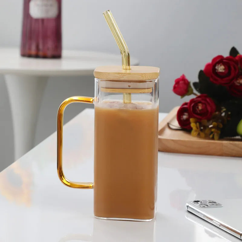 PANMAH - Square Glass Cup with Lid and Straw, Breakfast Milk Cup